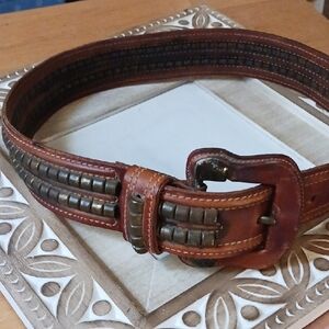 Brown Leather Belt Sz SMALL with Metal Studs and Textured Finish